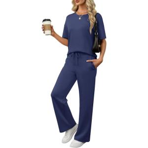 image:imageANRABESS Womens Lounge Sets 2 Piece Outfits 2026 Summer Casual Short Sleeve Sweatsuits Matching Tracksuits Wide Leg Pant SetNavy Blue