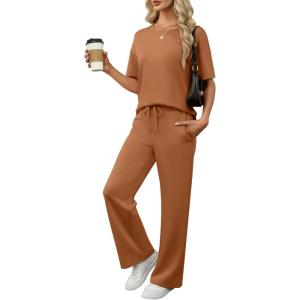 image:imageANRABESS Womens Lounge Sets 2 Piece Outfits 2026 Summer Casual Short Sleeve Sweatsuits Matching Tracksuits Wide Leg Pant SetRust