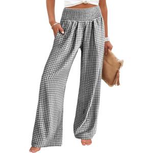 image:imageANRABESS Womens Palazzo Pants Striped amp Gingham Lounge amp Casual Cute Pajama Pants Wide Leg High Waisted PocketsBlack White Plaid