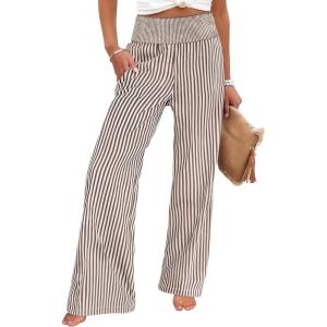 image:imageANRABESS Womens Palazzo Pants Striped amp Gingham Lounge amp Casual Cute Pajama Pants Wide Leg High Waisted PocketsBrown White Stripe