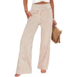 image:imageANRABESS Womens Palazzo Pants Striped amp Gingham Lounge amp Casual Cute Pajama Pants Wide Leg High Waisted PocketsLight Brown White Stripe