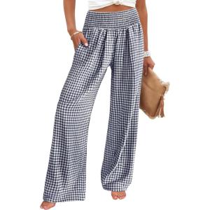 image:imageANRABESS Womens Palazzo Pants Striped amp Gingham Lounge amp Casual Cute Pajama Pants Wide Leg High Waisted PocketsNavy Blue White Plaid