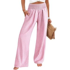 image:imageANRABESS Womens Palazzo Pants Striped amp Gingham Lounge amp Casual Cute Pajama Pants Wide Leg High Waisted PocketsPink White Plaid