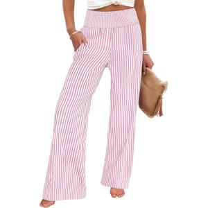 image:imageANRABESS Womens Palazzo Pants Striped amp Gingham Lounge amp Casual Cute Pajama Pants Wide Leg High Waisted PocketsPink White Stripe