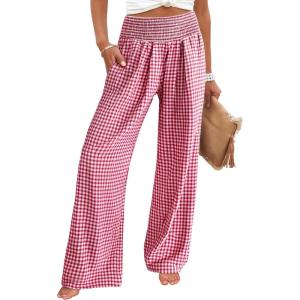 image:imageANRABESS Womens Palazzo Pants Striped amp Gingham Lounge amp Casual Cute Pajama Pants Wide Leg High Waisted PocketsRed White Plaid