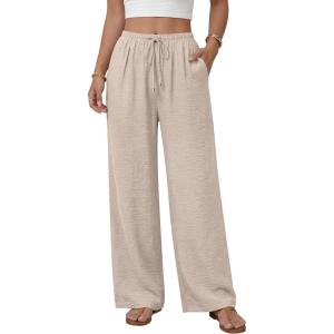 image:imageANRABESS Womens Palazzo Pants Wide Leg Flowy Drawstring High Waisted Casual Trousers 2026 Summer Beach Vacation ClothesParchment