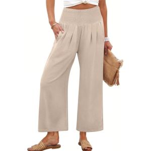 image:imageANRABESS Womens Pants Wide Leg High Waisted Palazzo Pants Summer Flowy Beach Lounge Casual Trousers with PocketsAlmond