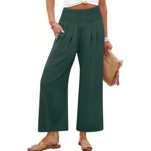 image:imageANRABESS Womens Pants Wide Leg High Waisted Palazzo Pants Summer Flowy Beach Lounge Casual Trousers with PocketsDark Green