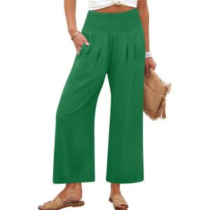 image:imageANRABESS Womens Pants Wide Leg High Waisted Palazzo Pants Summer Flowy Beach Lounge Casual Trousers with PocketsGreen