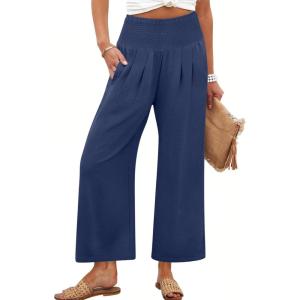 image:imageANRABESS Womens Pants Wide Leg High Waisted Palazzo Pants Summer Flowy Beach Lounge Casual Trousers with PocketsNavy Blue