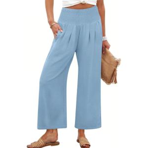 image:imageANRABESS Womens Pants Wide Leg High Waisted Palazzo Pants Summer Flowy Beach Lounge Casual Trousers with PocketsSky