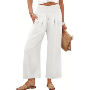 image:imageANRABESS Womens Pants Wide Leg High Waisted Palazzo Pants Summer Flowy Beach Lounge Casual Trousers with PocketsWhite