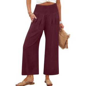 image:imageANRABESS Womens Pants Wide Leg High Waisted Palazzo Pants Summer Flowy Beach Lounge Casual Trousers with PocketsWine Red