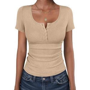 image:imageANRABESS Womens Short Sleeve Henley Shirts Ribbed Slim Fitted Tee Summer Work Tops 2026 Button Blouse Spring Vacation ClothesApricot