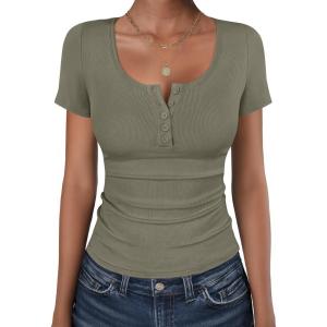 image:imageANRABESS Womens Short Sleeve Henley Shirts Ribbed Slim Fitted Tee Summer Work Tops 2026 Button Blouse Spring Vacation ClothesArmy Green