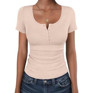 image:imageANRABESS Womens Short Sleeve Henley Shirts Ribbed Slim Fitted Tee Summer Work Tops 2026 Button Blouse Spring Vacation ClothesBeige