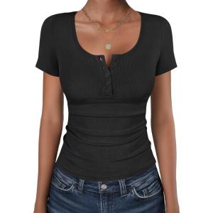 image:imageANRABESS Womens Short Sleeve Henley Shirts Ribbed Slim Fitted Tee Summer Work Tops 2026 Button Blouse Spring Vacation ClothesBlack