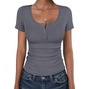 image:imageANRABESS Womens Short Sleeve Henley Shirts Ribbed Slim Fitted Tee Summer Work Tops 2026 Button Blouse Spring Vacation ClothesBlack Grey