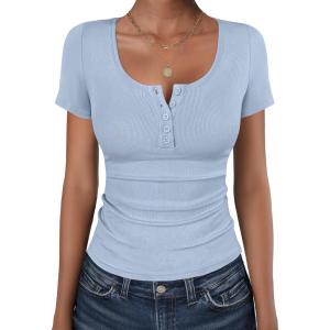 image:imageANRABESS Womens Short Sleeve Henley Shirts Ribbed Slim Fitted Tee Summer Work Tops 2026 Button Blouse Spring Vacation ClothesBlue