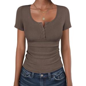image:imageANRABESS Womens Short Sleeve Henley Shirts Ribbed Slim Fitted Tee Summer Work Tops 2026 Button Blouse Spring Vacation ClothesBrown