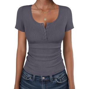 image:imageANRABESS Womens Short Sleeve Henley Shirts Ribbed Slim Fitted Tee Summer Work Tops 2026 Button Blouse Spring Vacation ClothesCharcoal