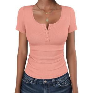 image:imageANRABESS Womens Short Sleeve Henley Shirts Ribbed Slim Fitted Tee Summer Work Tops 2026 Button Blouse Spring Vacation ClothesCoral