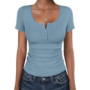 image:imageANRABESS Womens Short Sleeve Henley Shirts Ribbed Slim Fitted Tee Summer Work Tops 2026 Button Blouse Spring Vacation ClothesDeep Blue