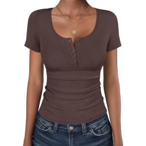 image:imageANRABESS Womens Short Sleeve Henley Shirts Ribbed Slim Fitted Tee Summer Work Tops 2026 Button Blouse Spring Vacation ClothesDeep Brown