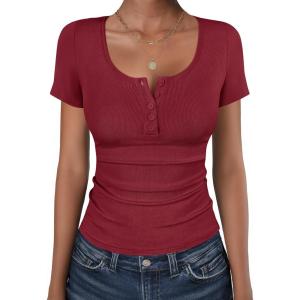 image:imageANRABESS Womens Short Sleeve Henley Shirts Ribbed Slim Fitted Tee Summer Work Tops 2026 Button Blouse Spring Vacation ClothesDeep Red