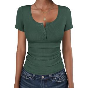 image:imageANRABESS Womens Short Sleeve Henley Shirts Ribbed Slim Fitted Tee Summer Work Tops 2026 Button Blouse Spring Vacation ClothesForest Green