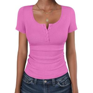 image:imageANRABESS Womens Short Sleeve Henley Shirts Ribbed Slim Fitted Tee Summer Work Tops 2026 Button Blouse Spring Vacation ClothesHot Pink