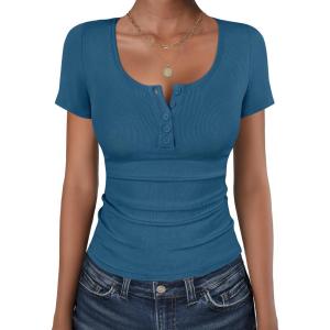 image:imageANRABESS Womens Short Sleeve Henley Shirts Ribbed Slim Fitted Tee Summer Work Tops 2026 Button Blouse Spring Vacation ClothesIndigo