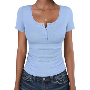image:imageANRABESS Womens Short Sleeve Henley Shirts Ribbed Slim Fitted Tee Summer Work Tops 2026 Button Blouse Spring Vacation ClothesLight Blue