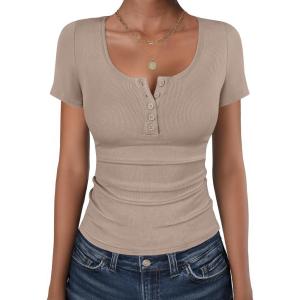 image:imageANRABESS Womens Short Sleeve Henley Shirts Ribbed Slim Fitted Tee Summer Work Tops 2026 Button Blouse Spring Vacation ClothesLight Khaki
