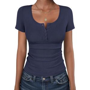 image:imageANRABESS Womens Short Sleeve Henley Shirts Ribbed Slim Fitted Tee Summer Work Tops 2026 Button Blouse Spring Vacation ClothesNavy Blue