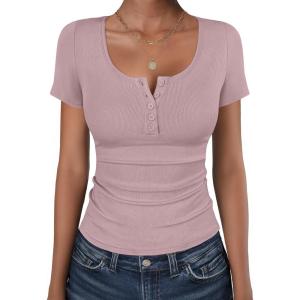 image:imageANRABESS Womens Short Sleeve Henley Shirts Ribbed Slim Fitted Tee Summer Work Tops 2026 Button Blouse Spring Vacation ClothesNutmeg