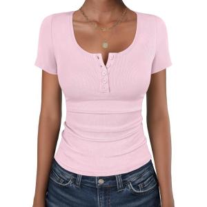 image:imageANRABESS Womens Short Sleeve Henley Shirts Ribbed Slim Fitted Tee Summer Work Tops 2026 Button Blouse Spring Vacation ClothesPink