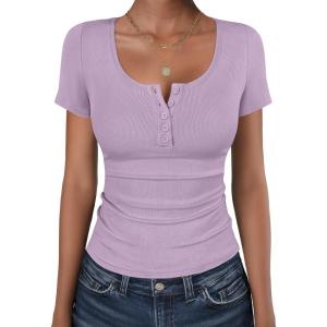 image:imageANRABESS Womens Short Sleeve Henley Shirts Ribbed Slim Fitted Tee Summer Work Tops 2026 Button Blouse Spring Vacation ClothesPurple
