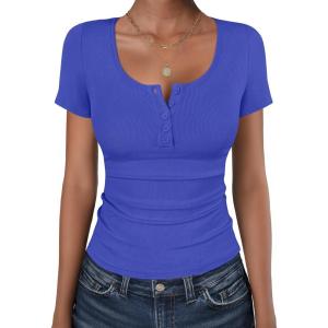 image:imageANRABESS Womens Short Sleeve Henley Shirts Ribbed Slim Fitted Tee Summer Work Tops 2026 Button Blouse Spring Vacation ClothesRoyal Blue