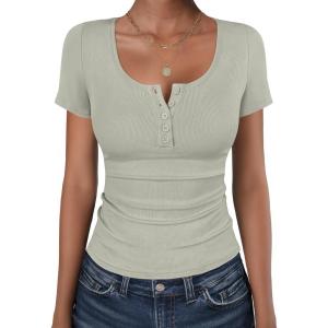 image:imageANRABESS Womens Short Sleeve Henley Shirts Ribbed Slim Fitted Tee Summer Work Tops 2026 Button Blouse Spring Vacation ClothesSage Green