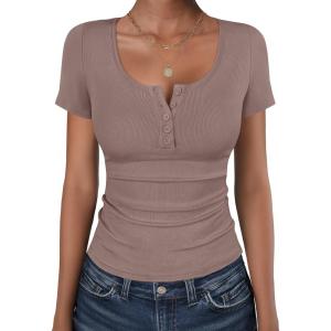 image:imageANRABESS Womens Short Sleeve Henley Shirts Ribbed Slim Fitted Tee Summer Work Tops 2026 Button Blouse Spring Vacation ClothesTaupe