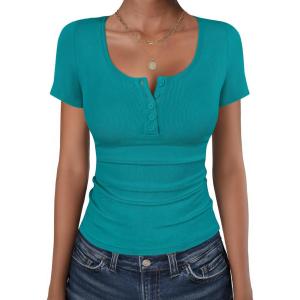 image:imageANRABESS Womens Short Sleeve Henley Shirts Ribbed Slim Fitted Tee Summer Work Tops 2026 Button Blouse Spring Vacation ClothesTeal