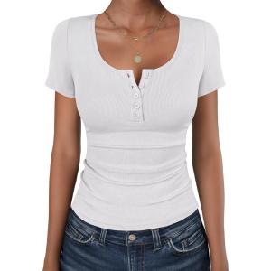 image:imageANRABESS Womens Short Sleeve Henley Shirts Ribbed Slim Fitted Tee Summer Work Tops 2026 Button Blouse Spring Vacation ClothesWhite