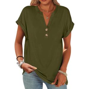 image:imageANRABESS Womens Short Sleeve Henley Tops V Neck Dressy Casual Blouses Summer Trendy Tee Shirts 2026 Vacation Fashion ClothesArmy Green