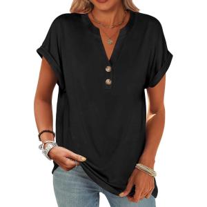 image:imageANRABESS Womens Short Sleeve Henley Tops V Neck Dressy Casual Blouses Summer Trendy Tee Shirts 2026 Vacation Fashion ClothesBlack