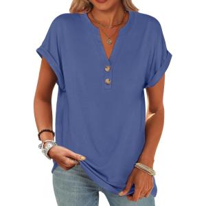 image:imageANRABESS Womens Short Sleeve Henley Tops V Neck Dressy Casual Blouses Summer Trendy Tee Shirts 2026 Vacation Fashion ClothesBlue
