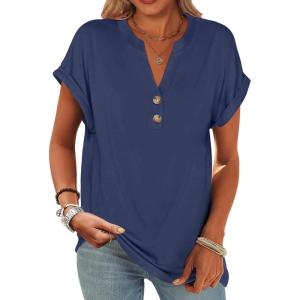 image:imageANRABESS Womens Short Sleeve Henley Tops V Neck Dressy Casual Blouses Summer Trendy Tee Shirts 2026 Vacation Fashion ClothesBlue Gray