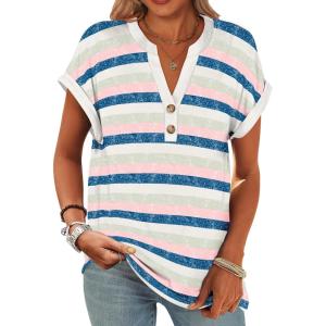 image:imageANRABESS Womens Short Sleeve Henley Tops V Neck Dressy Casual Blouses Summer Trendy Tee Shirts 2026 Vacation Fashion ClothesBlue Pink Strip