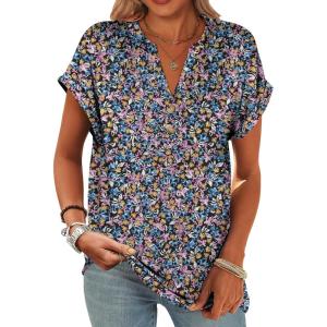 image:imageANRABESS Womens Short Sleeve Henley Tops V Neck Dressy Casual Blouses Summer Trendy Tee Shirts 2026 Vacation Fashion ClothesBlue Purple Floral