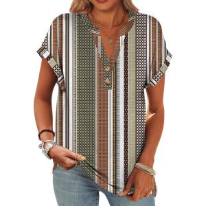 image:imageANRABESS Womens Short Sleeve Henley Tops V Neck Dressy Casual Blouses Summer Trendy Tee Shirts 2026 Vacation Fashion ClothesBrown White Strip